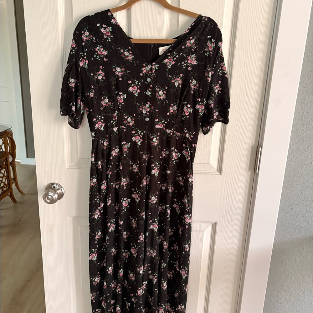 Vintage Black Pink Floral Jumpsuit Elastic Waist Short Sleeve Size 10